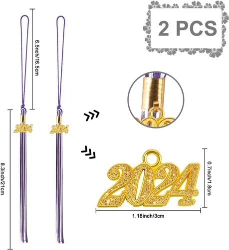 Vista 4 de Borla de graduación 2024, graduación de borla 2024, 2 borlas de graduación 2024, borla de gorra de graduación 2024 con dije dorado 2024