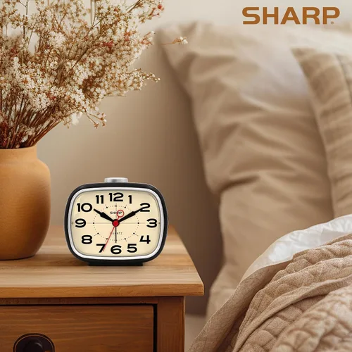 Vista 5 de Sharp Reloj despertador, reloj analógico retro simple alimentado por batería, negro, blanco