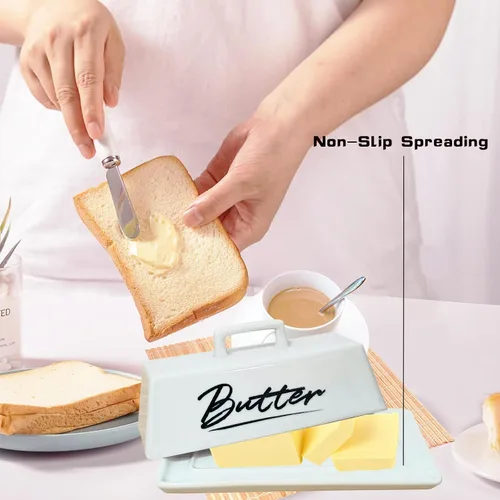 Vista 3 de Mantequillera con tapa, plato de mantequilla de cerámica con tapa para encimera, bandeja de mantequilla blanca, conservador de mantequilla