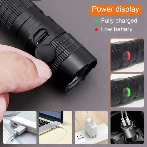 Vista 4 de SecurityIng EF05 Linterna magnética EDC recargable USB-C, 887 lúmenes, 5 modos de zoom, IPX-6 resistente al agua, mini linterna LED con clip, cable