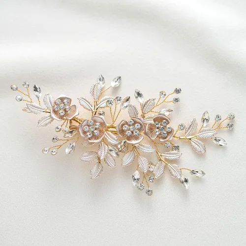 Vista 5 de SWEETV - Peineta de novia con diamantes de imitación, hecha a mano, diseño de flores 1: Oro rosa claro
