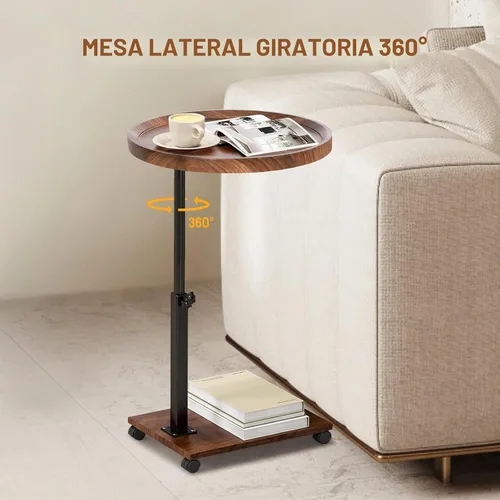 Vista 4 de Mesa auxiliar ajustable en forma de C, mesa auxiliar con ruedas para sofá, mesa giratoria de 360° para sala de estar, dormitorio, estudio y espacios