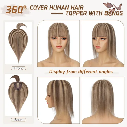 Vista 103 de Rich Choices Pelucas con topper de cabello para mujeres, cabello humano real 100% Remy, sin flequillo, para mujeres con adelgazamiento en la parte