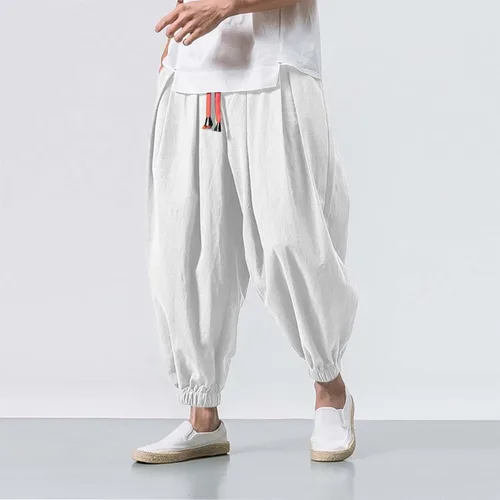 Vista 2 de Pantalones harén de algodón y lino para hombre, estilo casual, holgados, color sólido, hippie, yoga, pierna ancha, con cordón, pantalones de playa