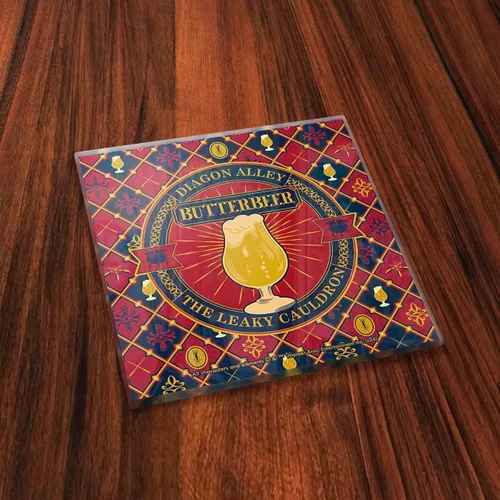 Vista 5 de Harry Potter – Logotipos de cerveza de mantequilla – Juego de cuatro posavasos de cristal de 4 x 4 pulgadas – Viene con un elegante posavasos