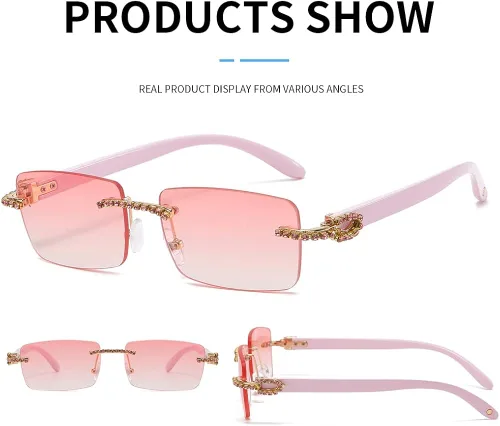 Vista 4 de KAMMPT Gafas de sol vintage sin montura para mujeres y hombres, lentes rectangulares de metal dorado con diamantes sin marco