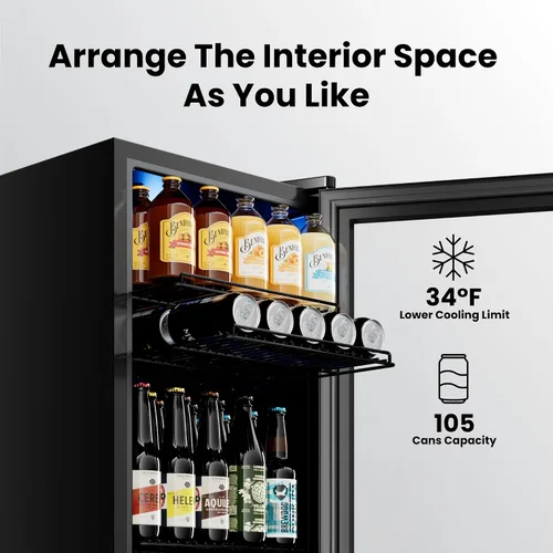 Vista 4 de Yeego Refrigerador de bebidas, mini refrigerador de 105 latas con puerta de vidrio, estantes ajustables, control digital de temperatura para Negro