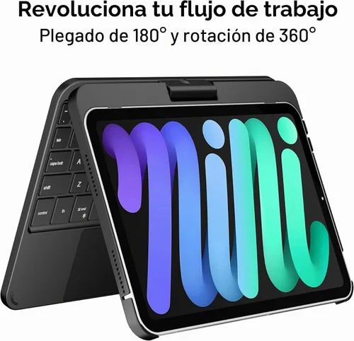 Vista 2 de edaiser Funda de teclado giratoria para Apple iPad mini 6ª 7ª generación a17 Pro, teclado Bluetooth compacto con trackpad retroiluminado RGB Negro