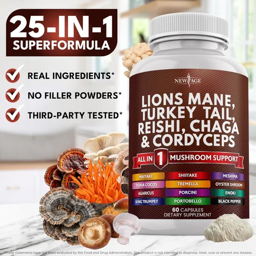 Vista 7 de NEW AGE Suplemento de hongo melena de león con cola de pavo Reishi Cordyceps Chaga con raíz de malvavisco