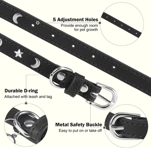 Vista 3 de Collar de cuero para perros pequeños, collar suave y ajustable con remaches de estrella y luna para perros machos y hembras, collares para cachorros