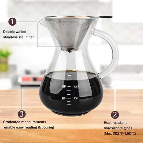 Vista 3 de T-mark Cafetera vertida con filtro reutilizable de acero inoxidable de doble capa, jarra de café de vidrio sin BPA de 13.5 fl oz/14oz, cafetera
