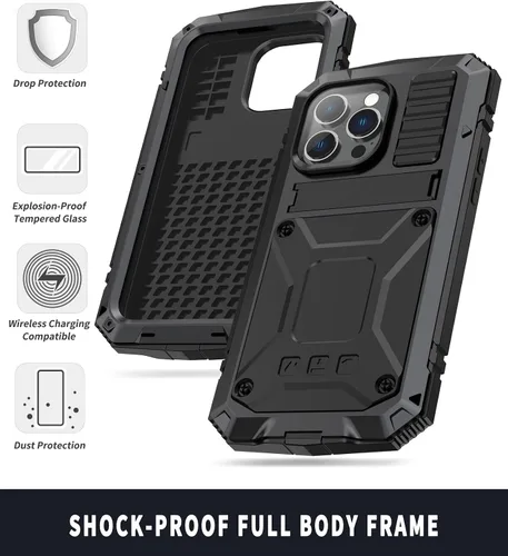 Vista 3 de Funda de metal para iPhone 14 Plus 5G con protector de pantalla y función atril, funda para cámara, resistente armadura militar duradera, cuerpo
