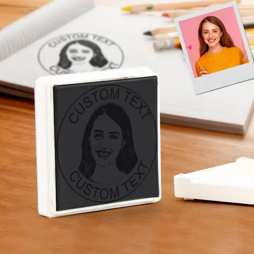 Vista 2 de Sellos personalizados autoentintados, sellos de fotos personalizados para retratos con cara y texto, suministros de oficina, negocios, sello