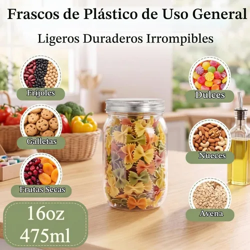 Vista 6 de Tebery Paquete de 12 tarros de plástico transparente con tapas de una pieza, vaso de cóctel Mason de 16 onzas, tarro de bebida inastillable 16Oz-12