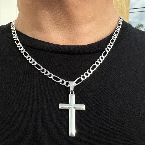 Vista 2 de Silver Shoppe Jewelry Mens Sterling Silver Cross Pendant Italian Figaro Chain Necklace