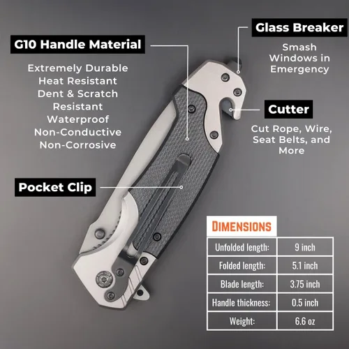 Vista 3 de Tactiko - Cuchillo de bolsillo plegable 4 en 1 para hombre con iniciador de fuego y bolsa de cinturón de cuero, cortador de cinturón de seguridad