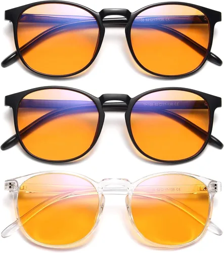 Vista 25 de IBOANN - Lentes con filtro de luz azul para mujeres y hombres, paquete de 3 unidades, armazón redonda estilo retro a la moda, lentes falsos vintage