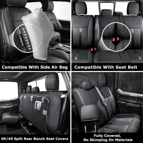 Vista 5 de Fundas de asiento de piel sintética de alta calidad para Ford F150 SuperCrew XL XLT STX (2015-2020) y F250/F350/F450 Crew Cab XL XLT (2017-2022)