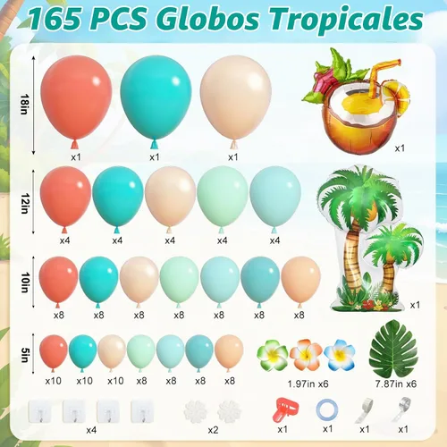 Vista 3 de Amandir Kit de guirnalda de arco de globos tropicales de 165 piezas, azul aguamarina, coral, rojo, rubor, verde pastel, globos de coco, hojas