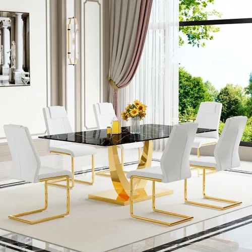 Vista 13 de Juego de mesa de comedor negra para 4, 63 x 35.4 x 30 pulgadas, mesa de comedor moderna rectangular con patas y base de acero inoxidable, sillas