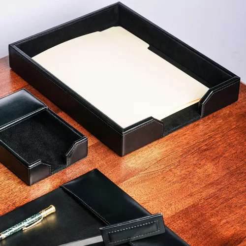 Vista 5 de Dacasso Bandeja de escritorio de cuero regenerado, soporte de cartas de lujo y organizador de papel para escritorio, 13.5 x 10.5 x 2.13 pulgadas