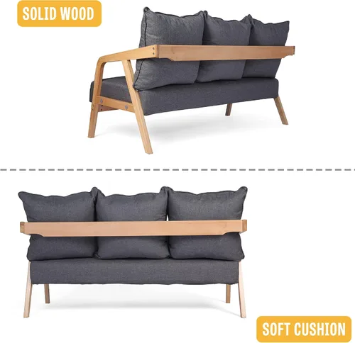 Vista 5 de LUCKYERMORE Sofá moderno de 60 pulgadas, sofá de 3 plazas para espacios pequeños, tapizado con 3 cómodas almohadas, reposabrazos de madera, marco