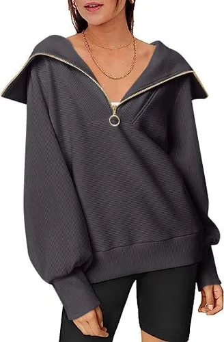 Vista 4 de ECHOINE Sudadera de gran tamaño con media cremallera para mujer, sudadera de manga larga con cremallera de un cuarto, sudadera con capucha