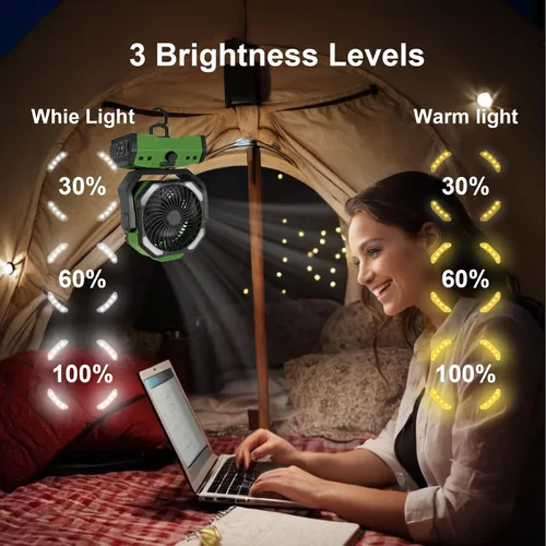 Vista 3 de ELZO Ventilador de campamento de 30000 mAh con luz LED, máximo 70 horas de trabajo, portátil inalámbrico, recargable, ventilador USB con gancho