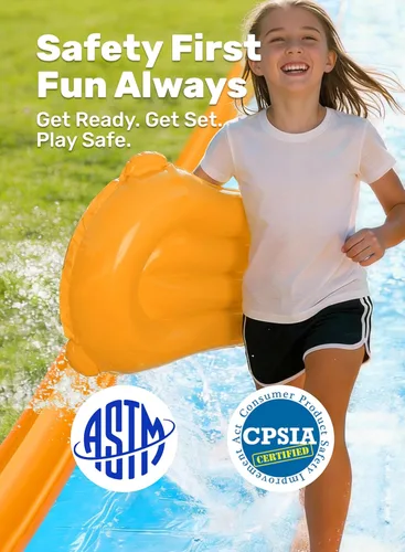 Vista 5 de Sloosh Tobogán acuático de doble carril, tobogán de agua resistente de 25 x 6 pies con aspersor y 2 tablas inflables para adultos y niños, fiesta