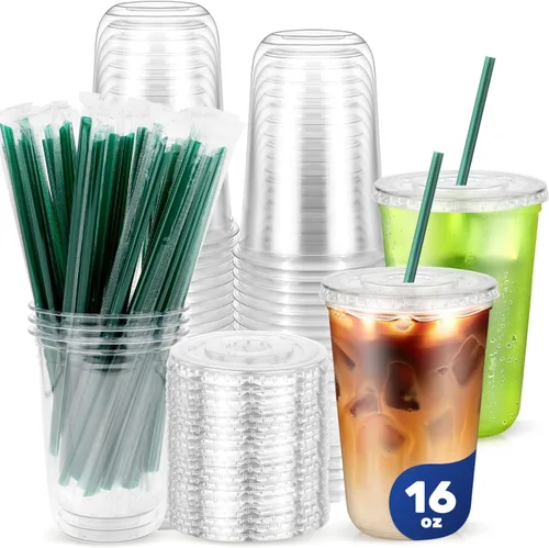 Vista 15 de 50PCS 14 oz Clear Plastic Cups with Lids and Dark Green Straws Transparente