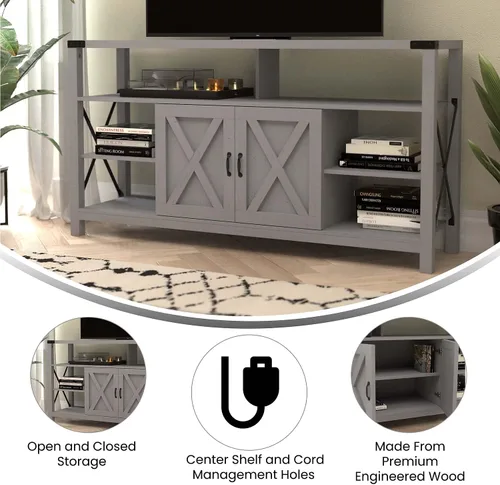Vista 5 de Flash Furniture Wyatt - Mueble de TV alto y moderno de 60 pulgadas, gabinete de consola gris costero, estante central ajustable, estantes fijos