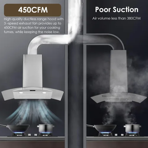 Vista 9 de Campana extractora de pared curva de vidrio de 30 pulgadas con 450 CFM de acero inoxidable, convertible sin conductos/con conductos con extractor
