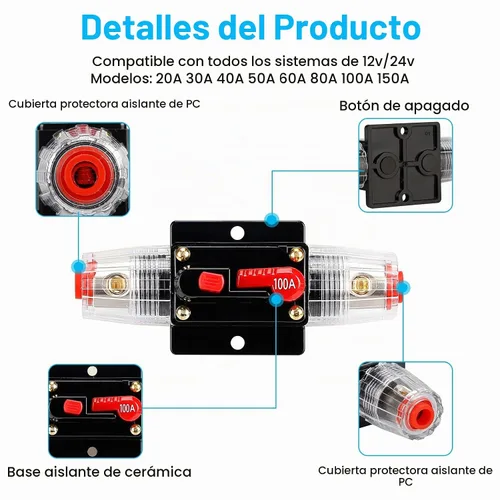 Vista 4 de Interruptor de circuito de 100 amperios para audio, portafusibles de 12 V-24 V CC, interruptor de circuito de 20-300 A, interruptor de circuito