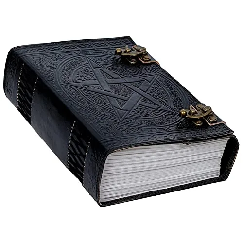 Vista 2 de QualityArt 10" Fat Leather Journal Large 600 Pages Black Pentacle Grimoire Book of Shadow Leather Notebook Journal Blank Handmade Book Sketchbook