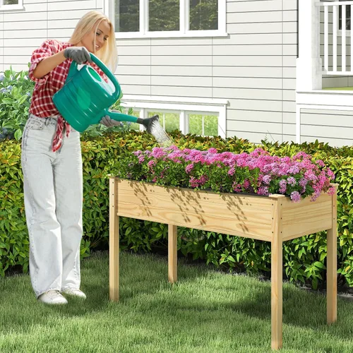 Vista 9 de Giantex Cama de jardín elevada, maceta elevada de madera con forro, cama elevada independiente de 47 x 23 x 30 pulgadas para plantas