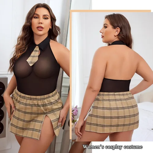 Vista 4 de Avidlove Conjunto de lencería de talla grande para mujer, trajes sexys para juegos de rol, disfraz de cosplay, lencería escolar con falda a cuadros