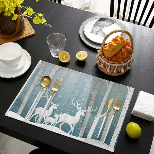 Vista 4 de Mantel individual de invierno para mesa de comedor, juego de 4 manteles individuales de Navidad, lino y algodón, impermeable, tapete individual