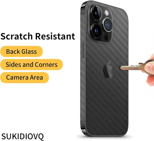 Vista 4 de Paquete de 2 calcomanías para iPhone 15, película protectora de vidrio transparente de fibra de carbono brillante, delgada, ultraligera, protector