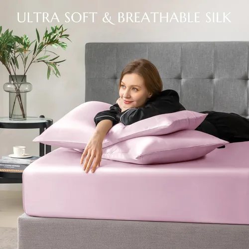 Vista 26 de THXSILK Juego de sábanas bajeras de 100% seda de morera, 3 piezas de seda 7A+, transpirable, suave, sábana bajera de 16 pulgadas de profundidad, 2