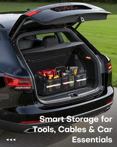 Vista 7 de HOTOR Organizador de maletero para SUV – Caja de almacenamiento de coche con tiras reflectantes, organizador plegable de coche con gran capacidad
