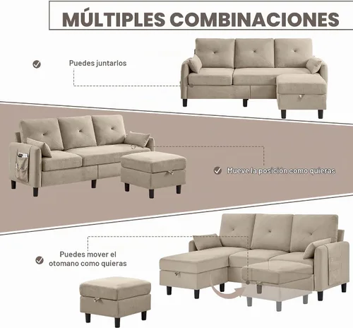 Vista 6 de Sofá en forma de L, sofás seccionales para sala de estar, sofá pequeño con Beige