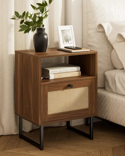 Vista 11 de Masupu Mesita de noche extra grande de ratán, mesita de noche boho moderna de estilo granja con cajón de almacenamiento y estante abierto, mesa