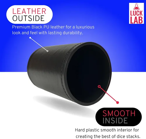 Vista 2 de Luck Lab Taza apilable de cuero negro con 5 dados de casino serializados con borde de maquinilla de afeitar de 0.748 in, taza recta profesional