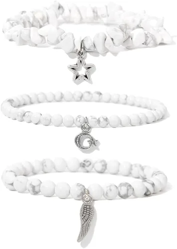 Vista 19 de Juego de 3 pulseras de cuentas de piedra natural para mujeres y hombres, estrellas y luna, alas de ángel, juego de pulseras curativas de reiki