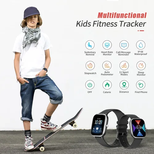 Vista 2 de Reloj de fitness para niños, reloj inteligente impermeable IP68 con esfera de reloj de 1.4 pulgadas, 19 modos deportivos, podómetros, frecuencia
