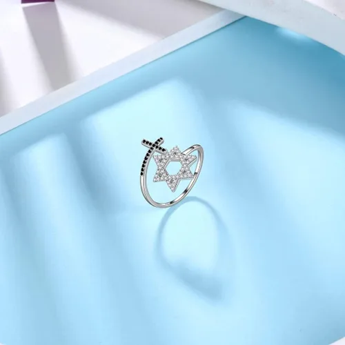 Vista 11 de Jewmon Anillo ajustable de estrella de David judía para mujer, plata de ley 925, circonita cúbica, estrella de David, anillo judío abierto, amuleto