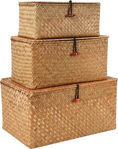 Vista 13 de Moosky Cestas de mimbre con tapa, cesta tejida a mano de pastos marinos para cestas de almacenamiento, cajas de regalo rectangulares para el hogar