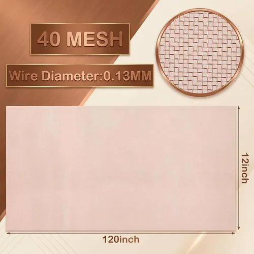 Vista 2 de Therwen Pantalla de Malla de Cobre de 12 Pulgadas x 10 Pies, Cobre 99.9% Puro, Rollo de Tela Metálica de Malla 40 para Conexión a Tierra, Pantalla