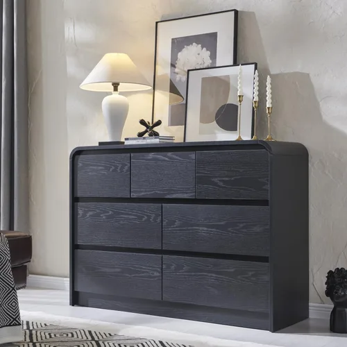 Vista 11 de Aitjunz - Cómoda moderna de 5 cajones para dormitorio, 45 pulgadas de alto, diseño de perfil curvo, cómoda vertical de madera estilo Mid-Century