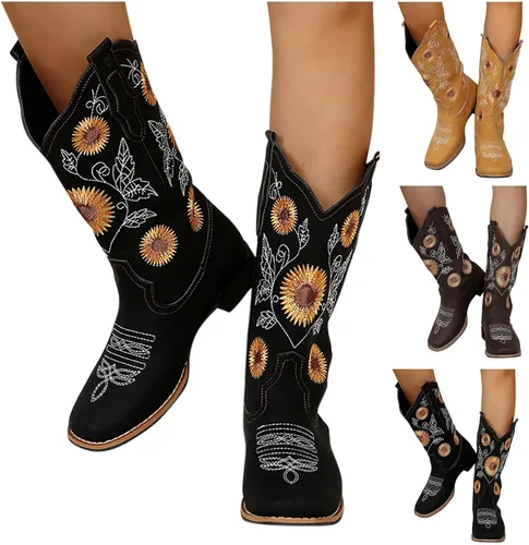 Vista 3 de HINDOLA Botas vaqueras para mujer, botas vaqueras de media pantorrilla, botas occidentales con bordado de girasol, punta cuadrada, tacón bajo, botas